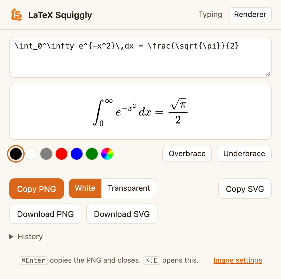 The extension's Renderer tab, showing the LaTeX for the Gaussian integral above a rendered preview, with Copy PNG, background, Copy SVG and download buttons below.